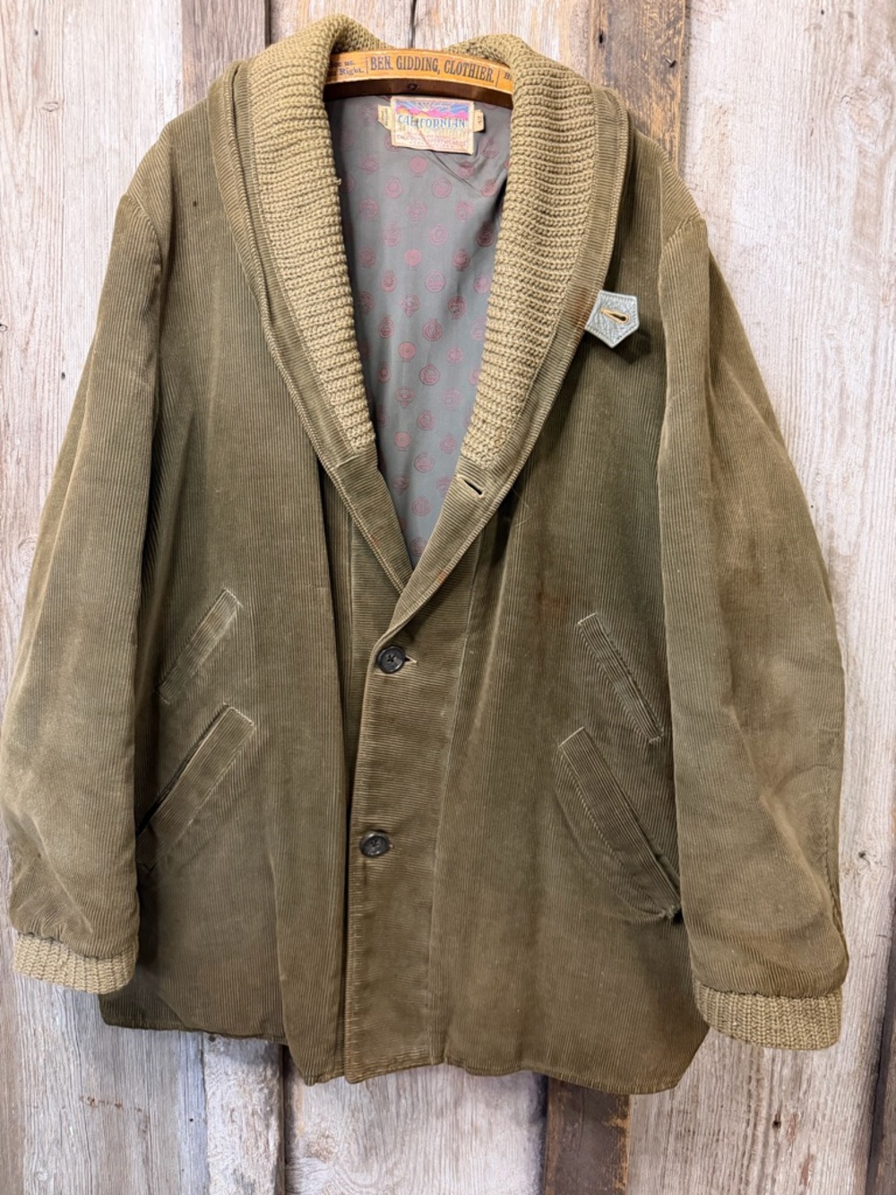 VTG 40s Californian Knit Shawl Collar Corduroy Lined Campus Jacket Green: Sz 42